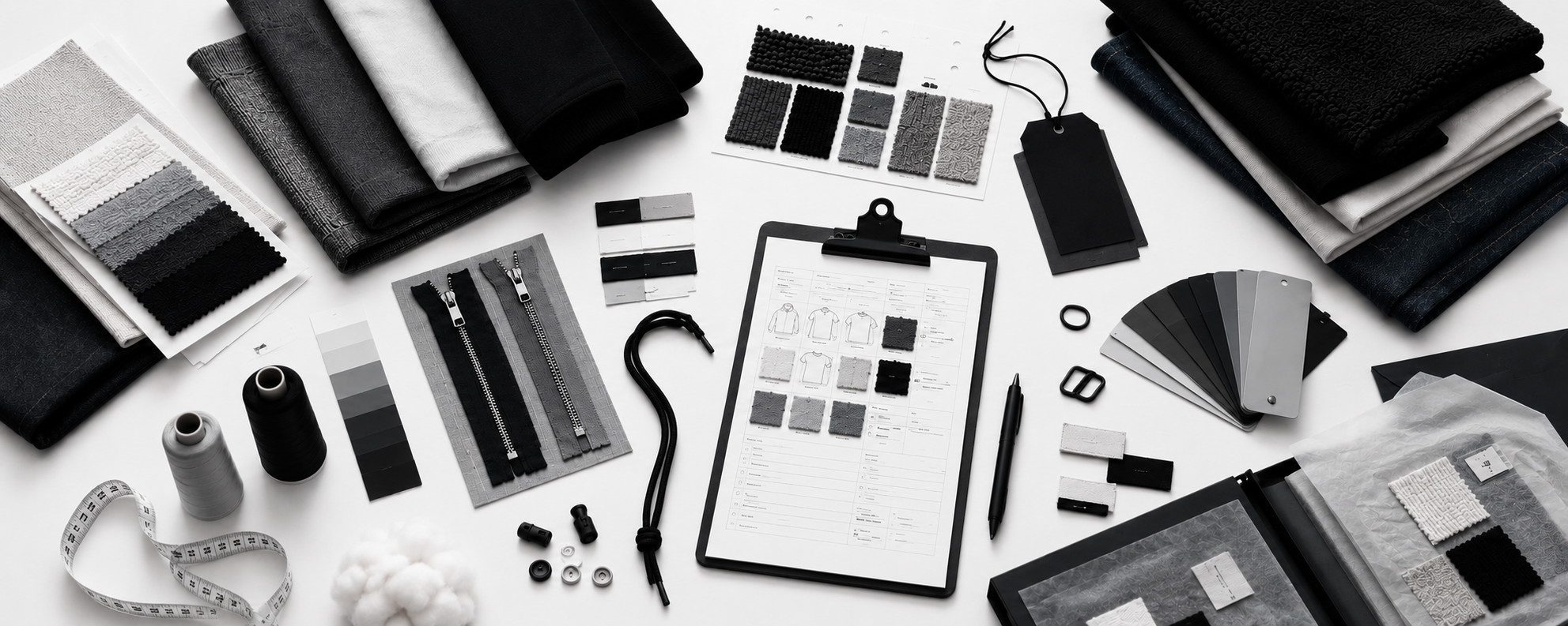 Product Sourcing — fabrics, swatches and trims flatlay
