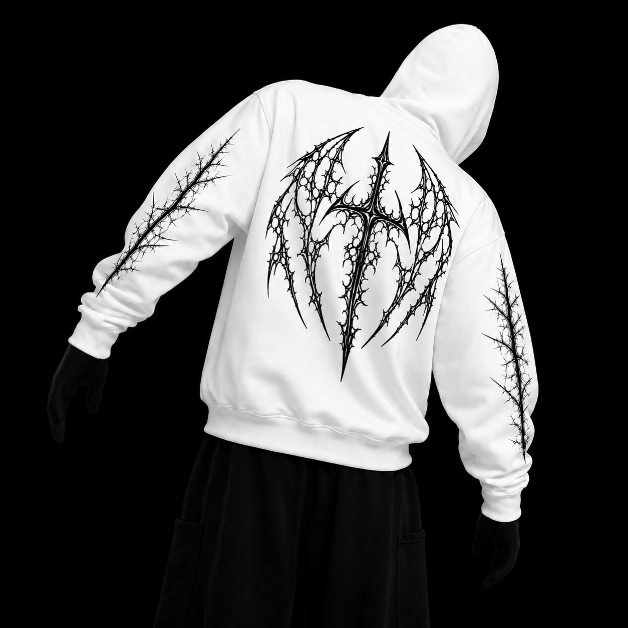 White hoodie — thorn wings back print