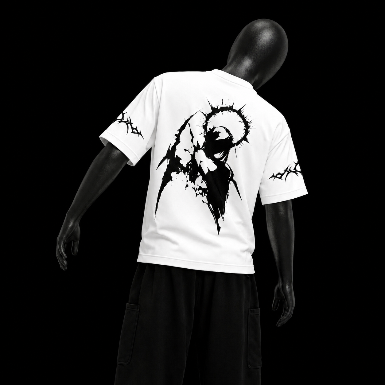 White Angel Tee on black mannequin — back view