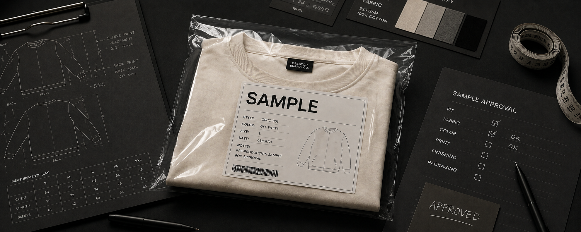 Sampling & Approval — sample pack with approval sheet