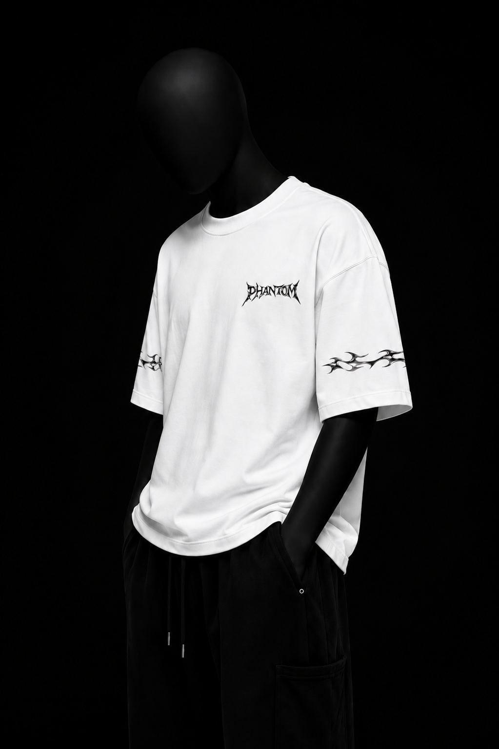White Demon Tee on black mannequin — front view
