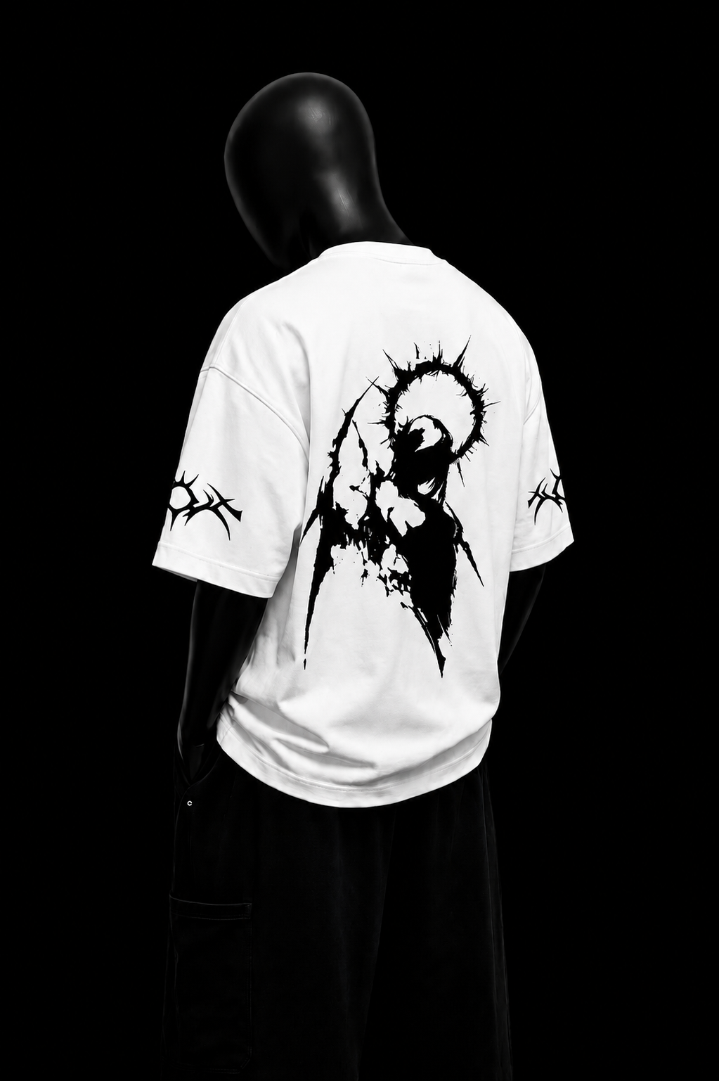 White Angel Tee on black mannequin — back angle
