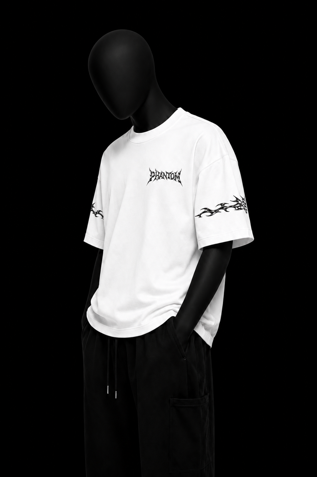 White Cross Tee on black mannequin — front view