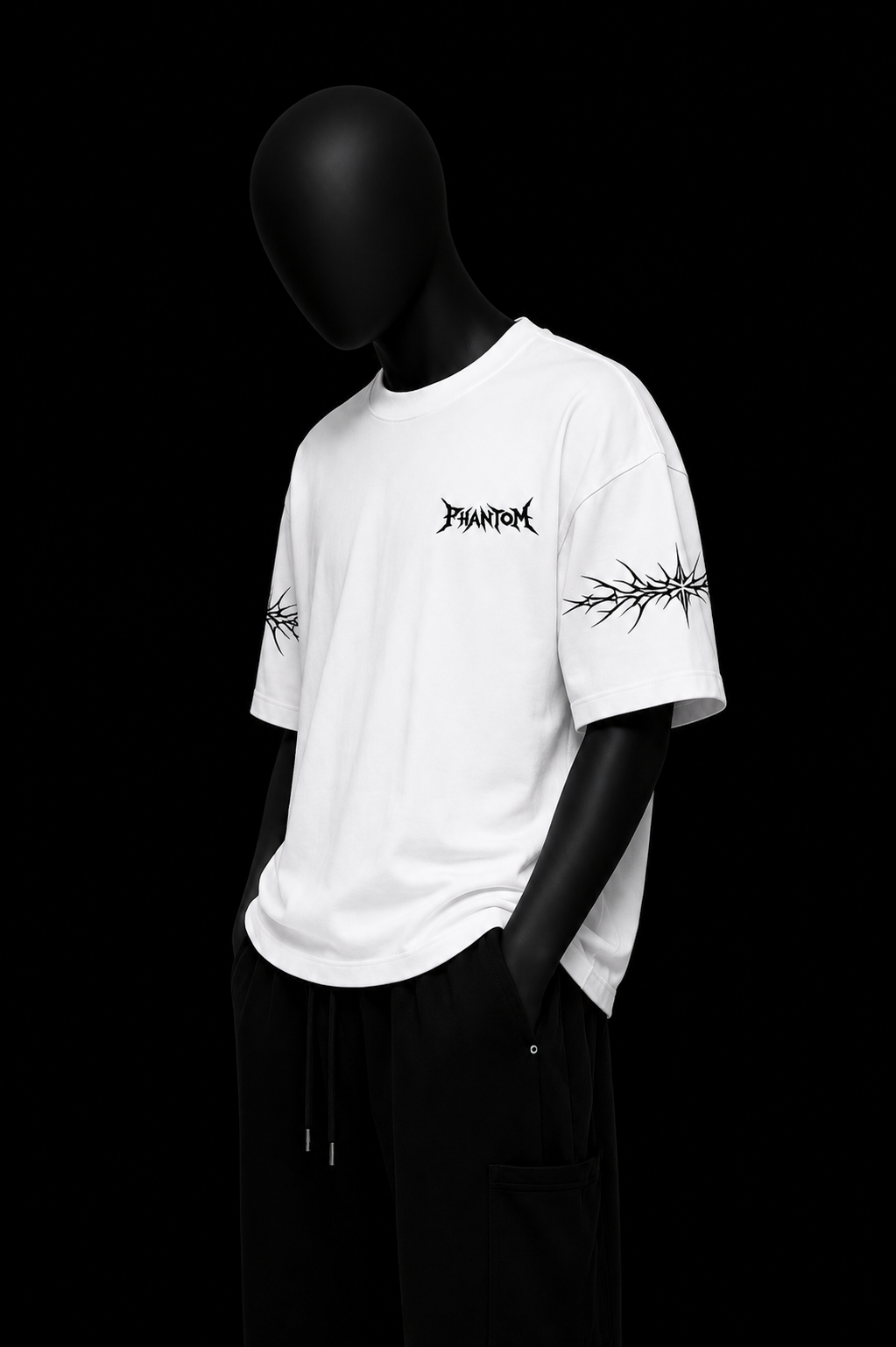 White Tribal Tee on black mannequin — front view