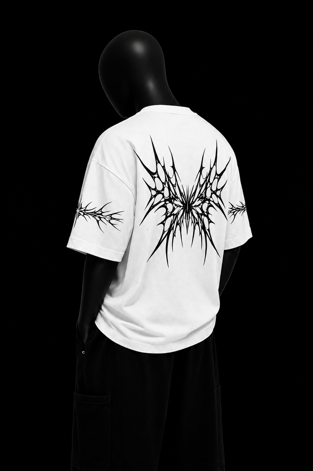 White Tribal Tee on black mannequin — back view