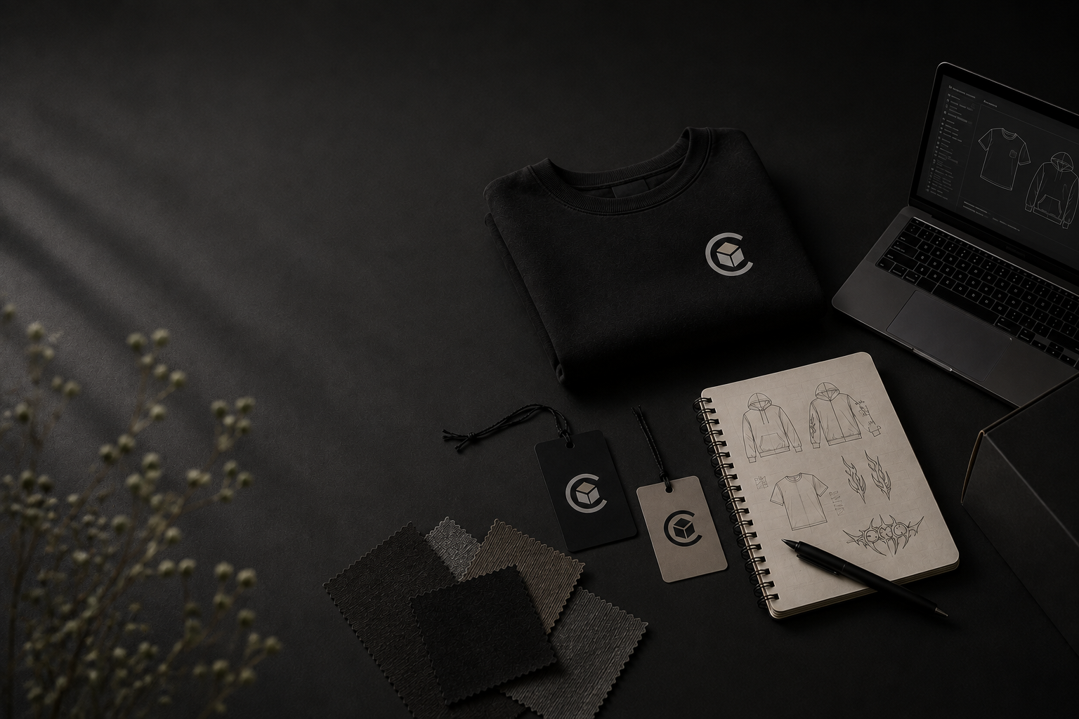 Creator Supply design workspace with sweatshirt, fabric swatches, sketches and laptop