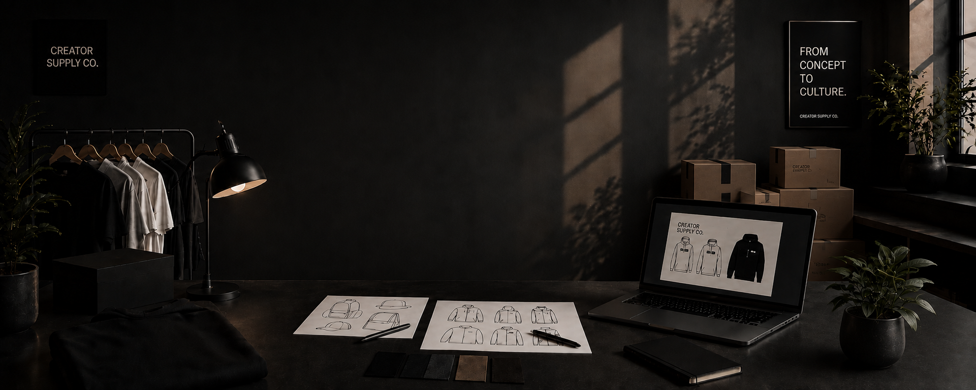 Creator Supply studio workspace with apparel rack, sketches, laptop and packaging