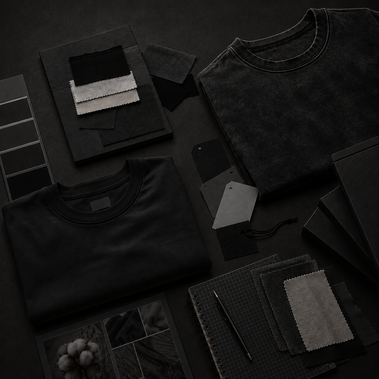 Flatlay of apparel, fabric swatches, tags and packaging on a dark surface