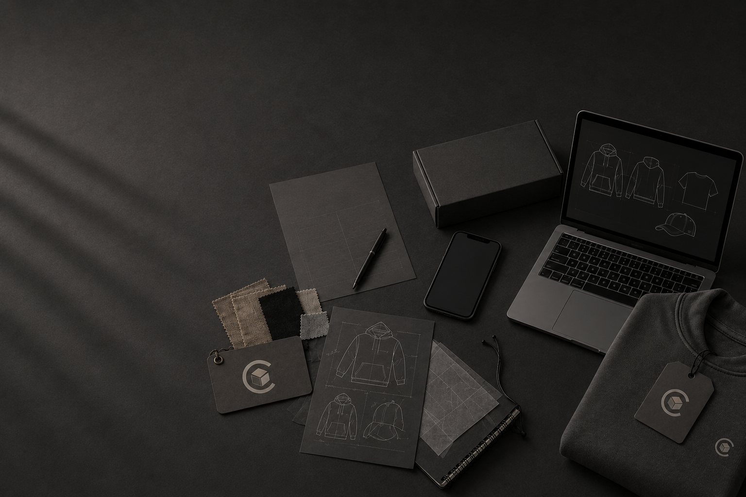 Creator Supply workspace with hoodie sketches, fabric swatches, laptop and branded packaging