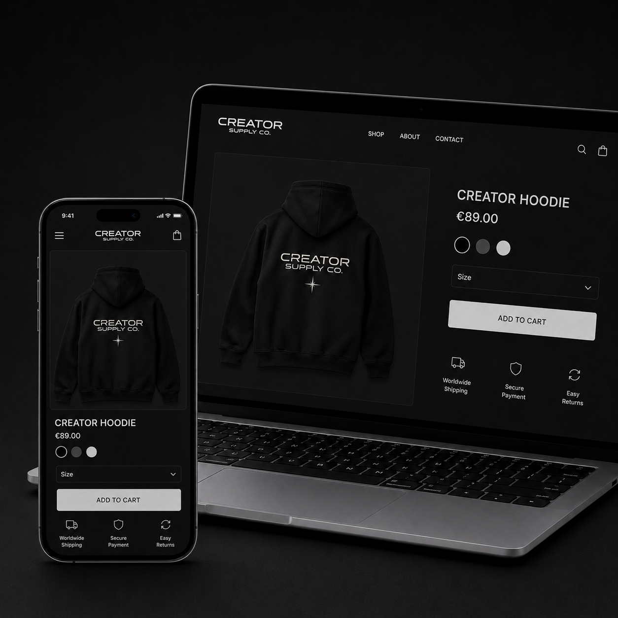 Online store product page shown on a laptop and phone