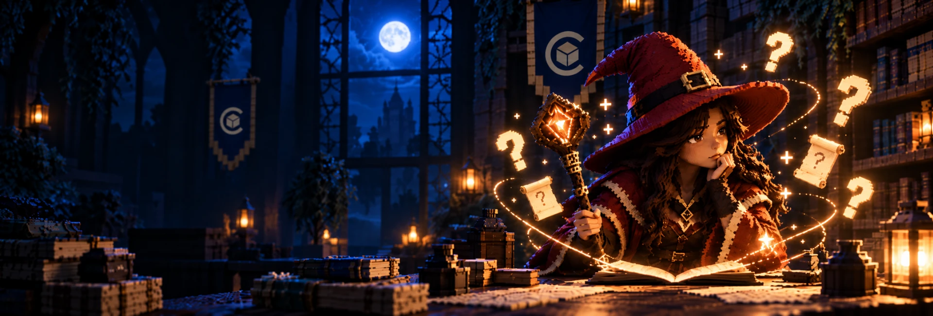 A voxel witch surrounded by floating question marks