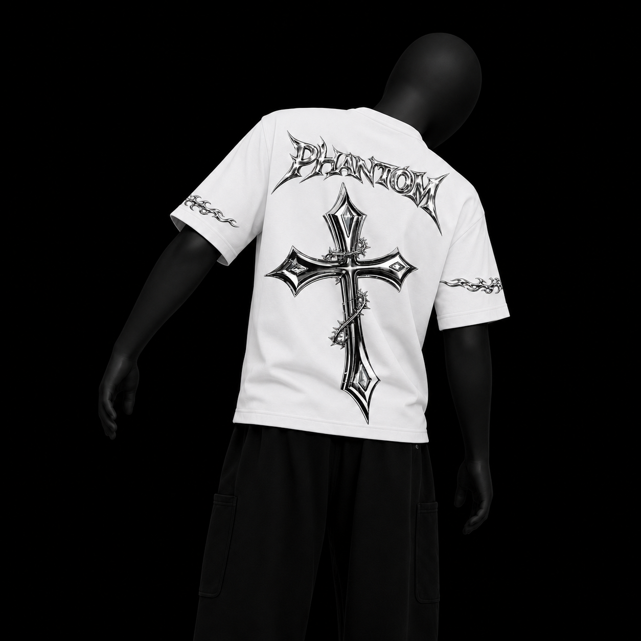 White Cross Tee on black mannequin — back angle