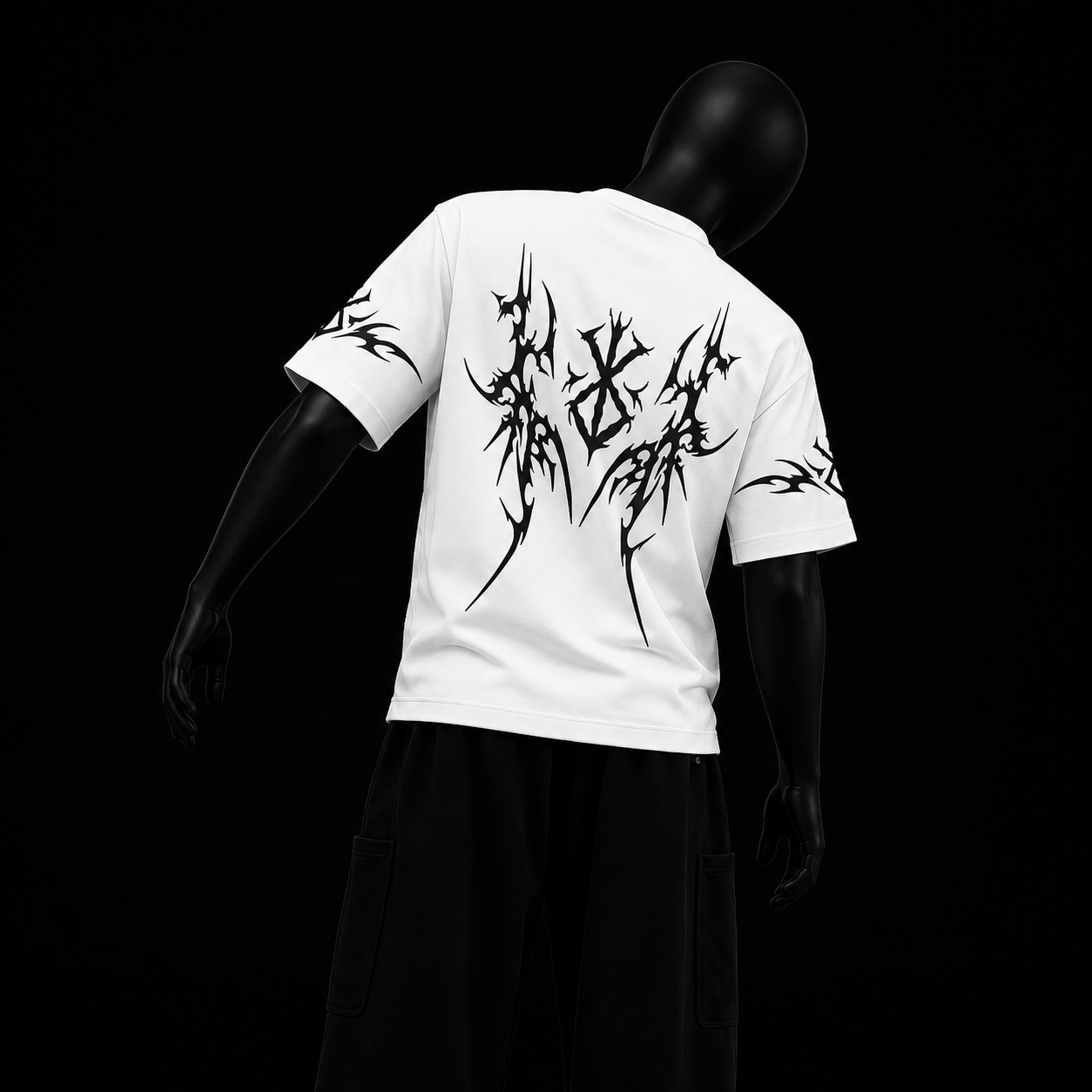 White Sigil Tee on black mannequin — back angle