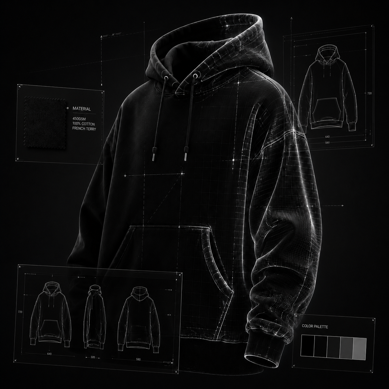 Hoodie technical concept sketch with fabric and measurement details
