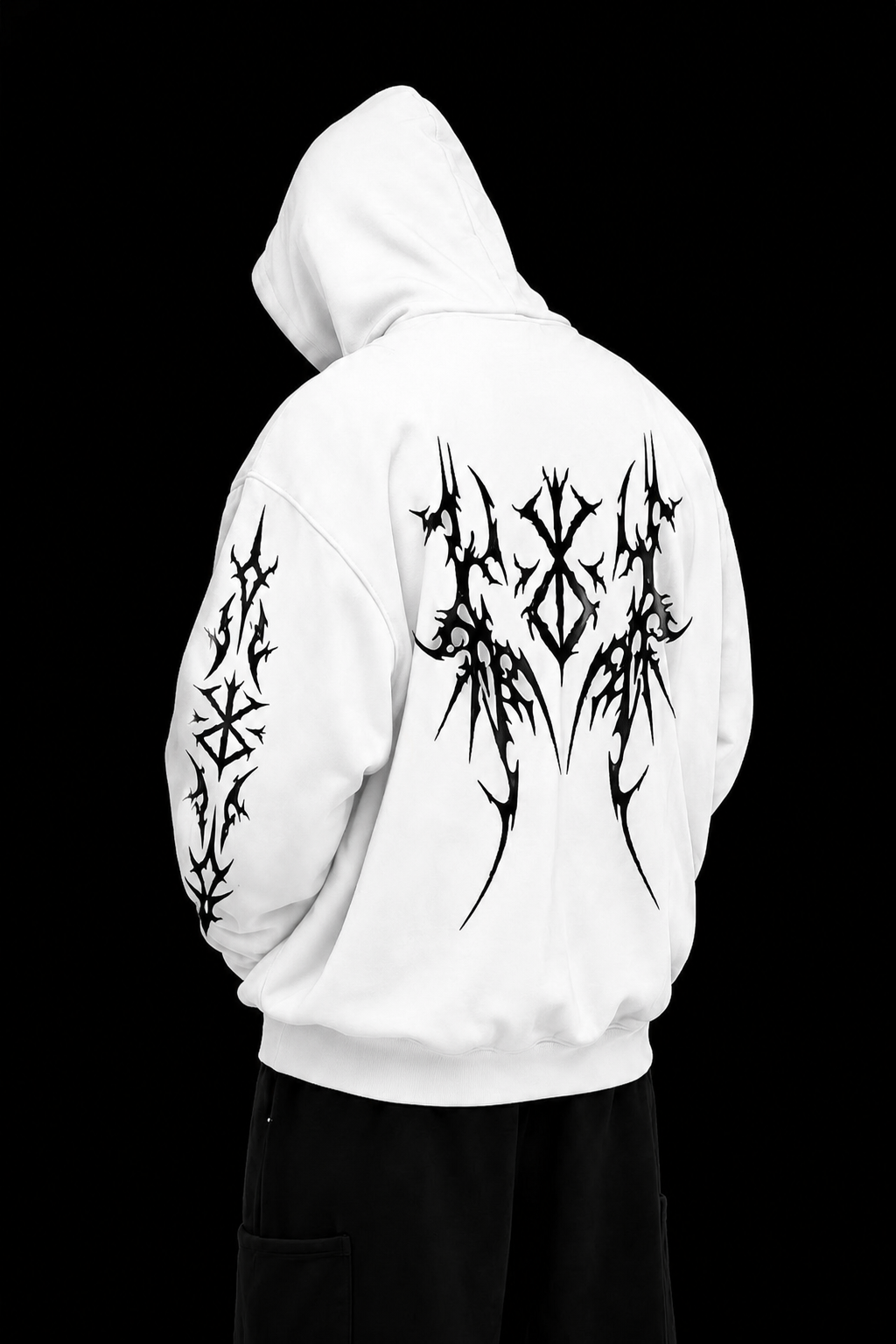 White hoodie — black tribal back print