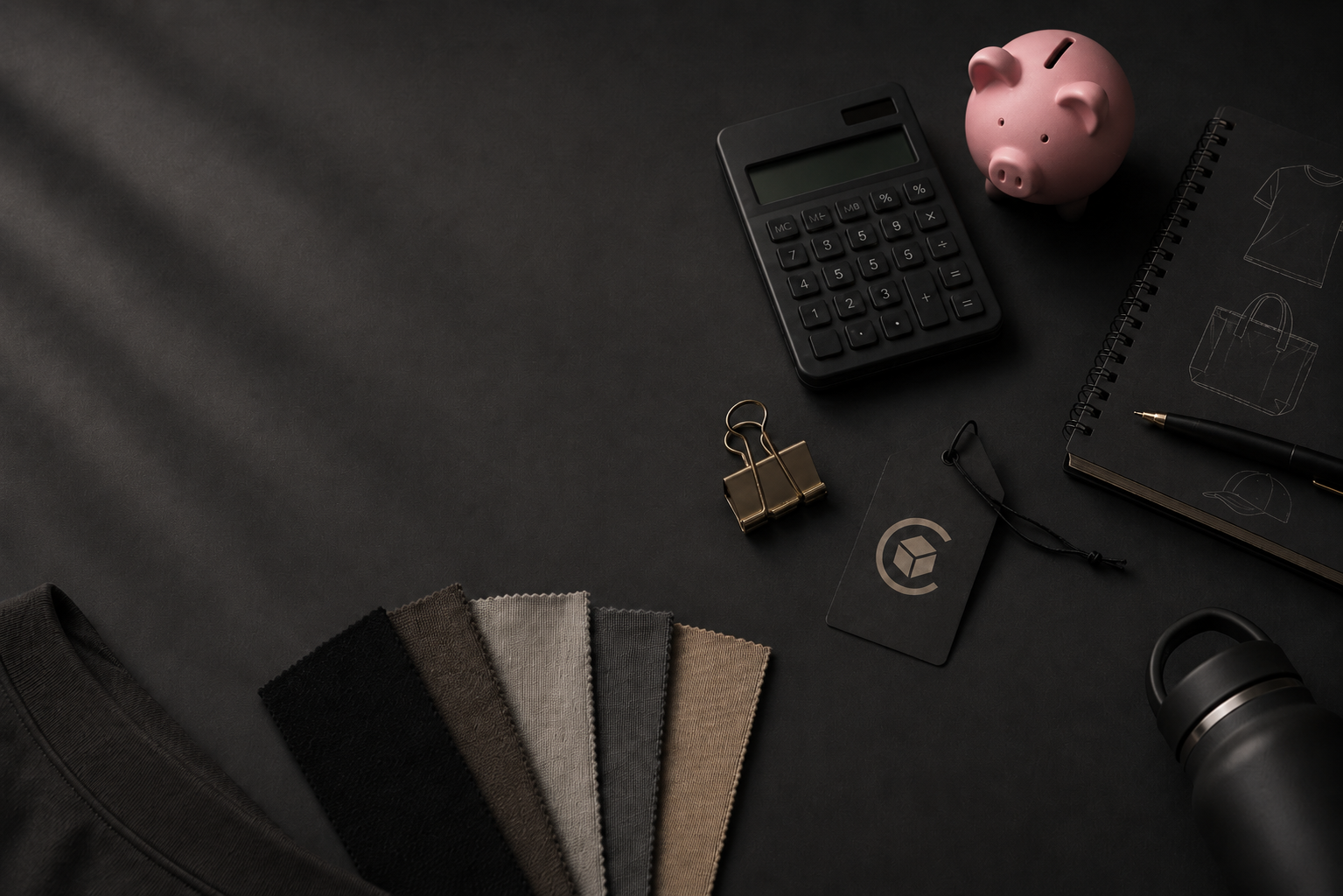 Pricing desk with calculator, piggy bank, fabric swatches and design notebook