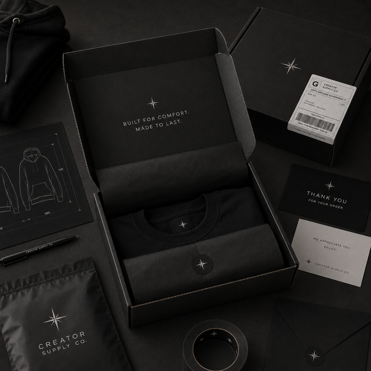 Black branded mailer box with tissue paper, thank-you cards and stickers