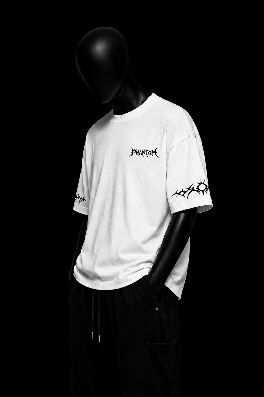 White Angel Tee on black mannequin — front view