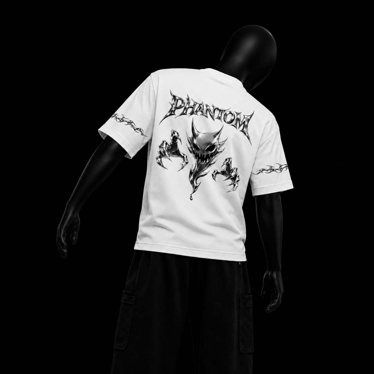 White Demon Tee on black mannequin — back view