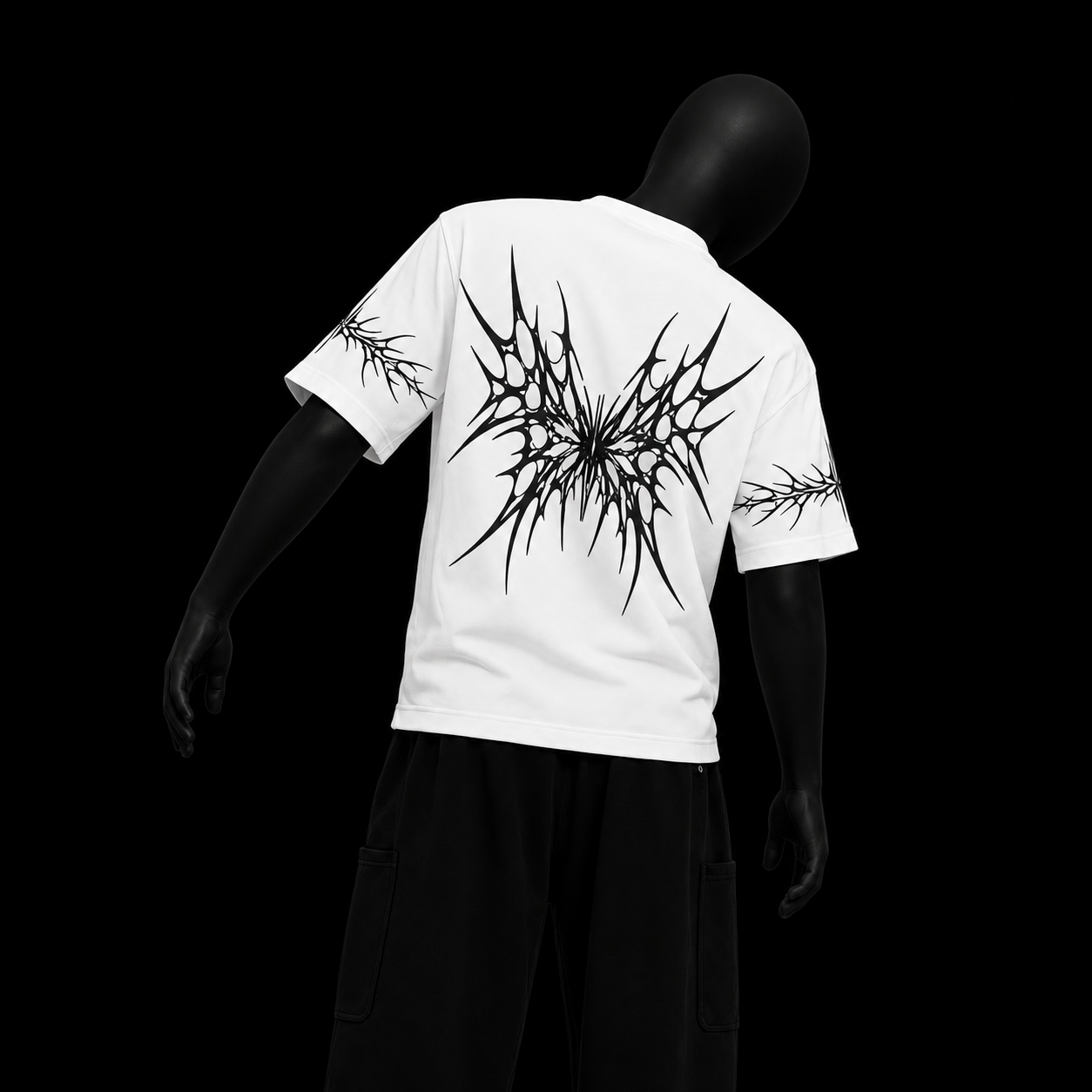 White Tribal Tee on black mannequin — back angle