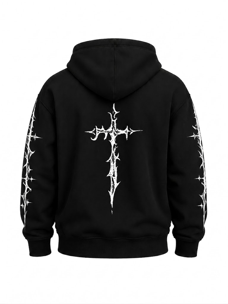 Black hoodie — thorn cross back print