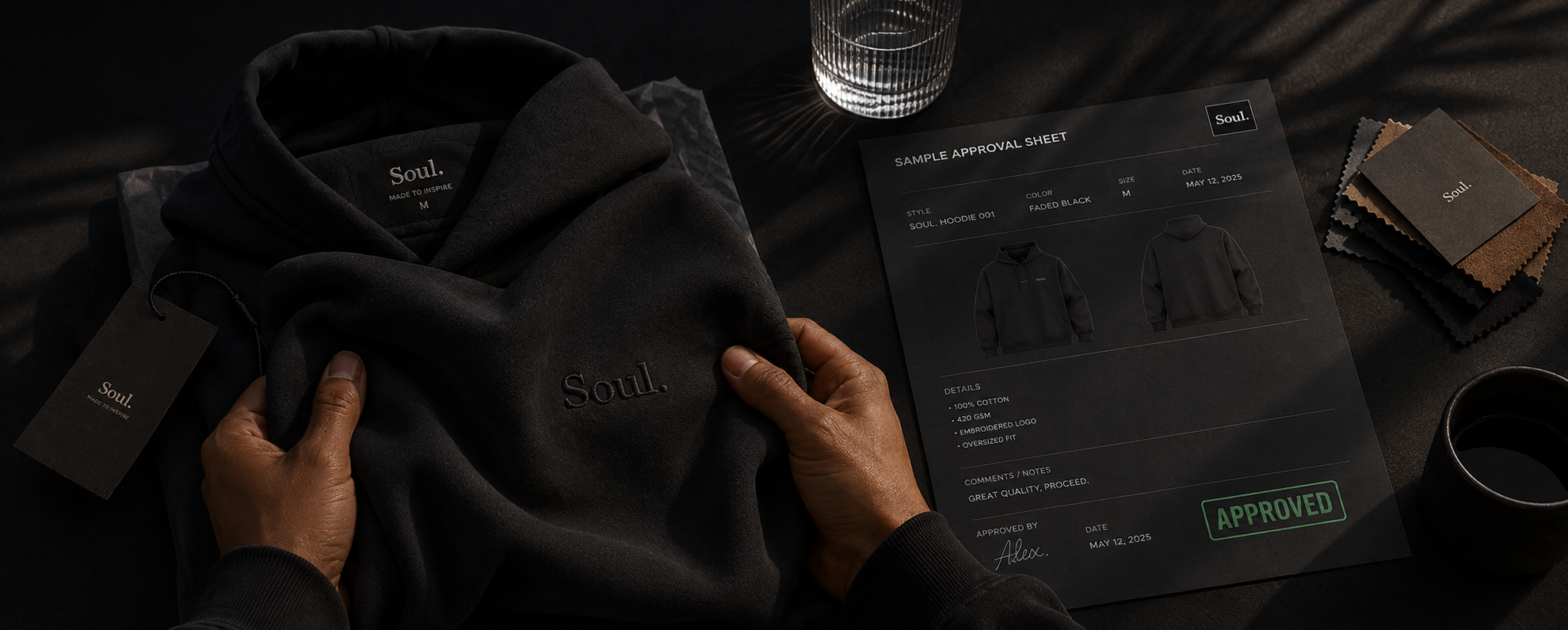 Approve the Samples — hoodie sample with approval sheet
