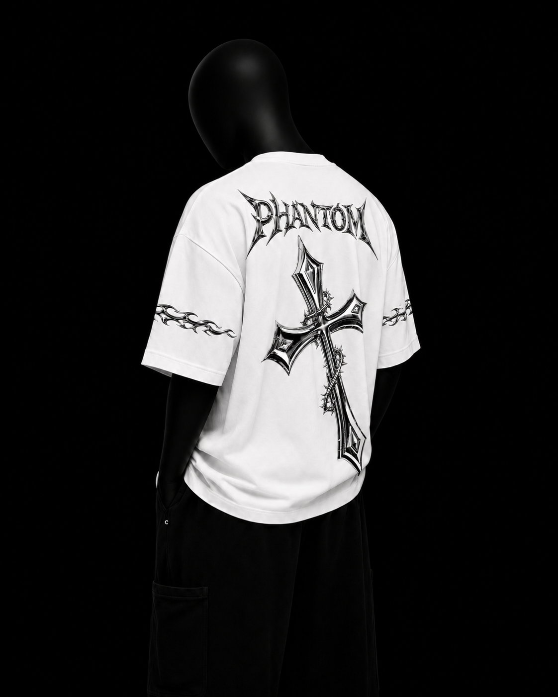 White Cross Tee on black mannequin — back view