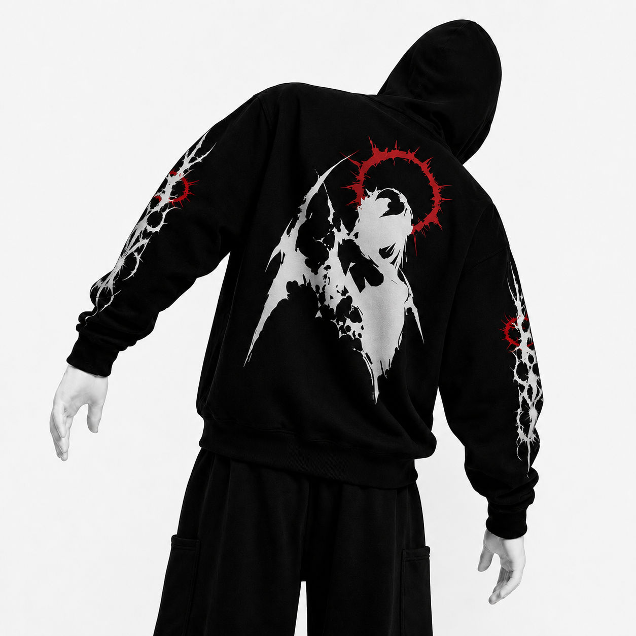 Black hoodie — bat demon with red halo print