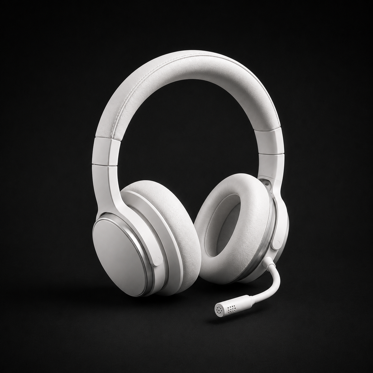 White over-ear headset with microphone on a dark background