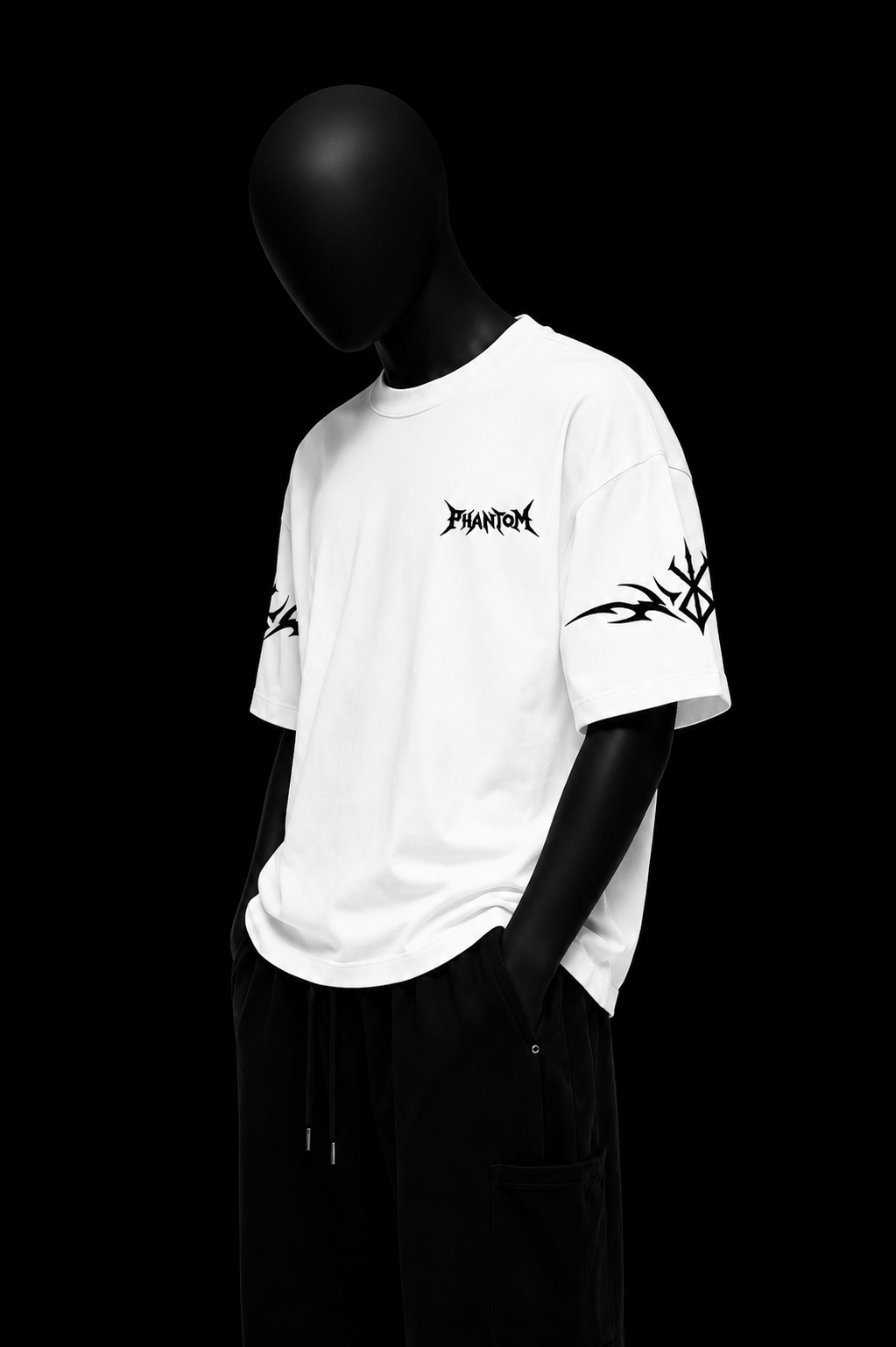 White Sigil Tee on black mannequin — front view