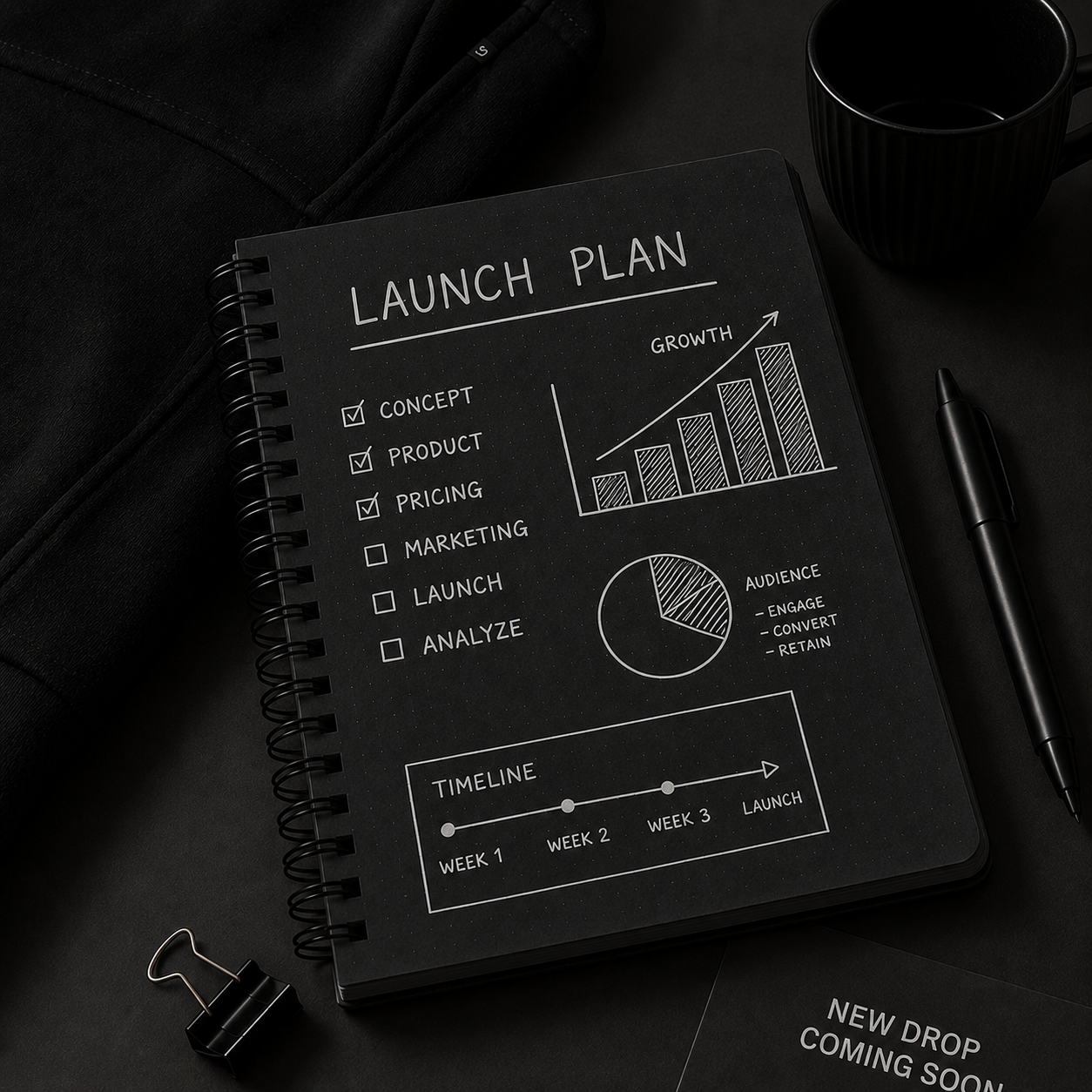 Notebook with a merch launch plan, growth chart and timeline