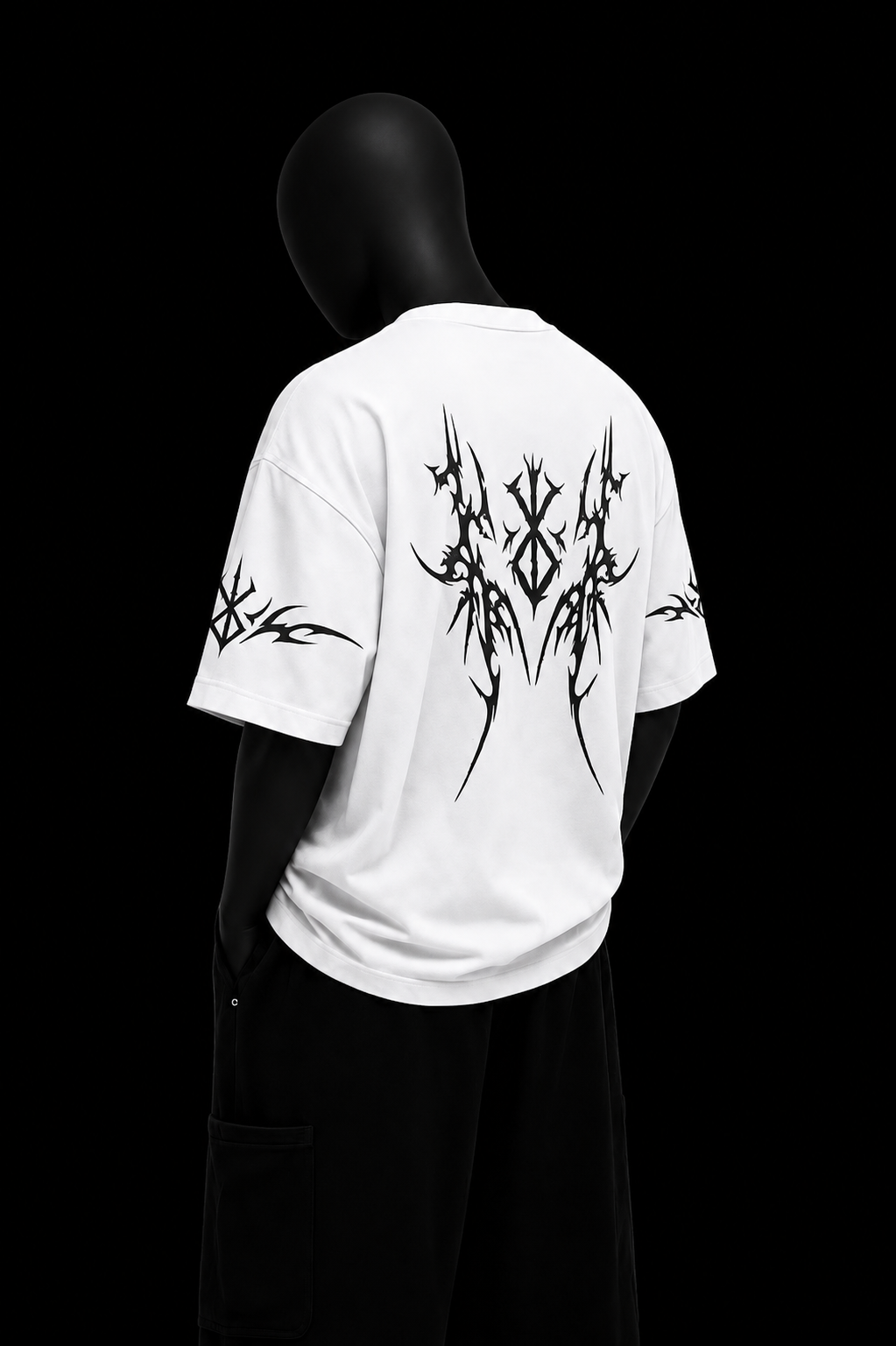 White Sigil Tee on black mannequin — back view
