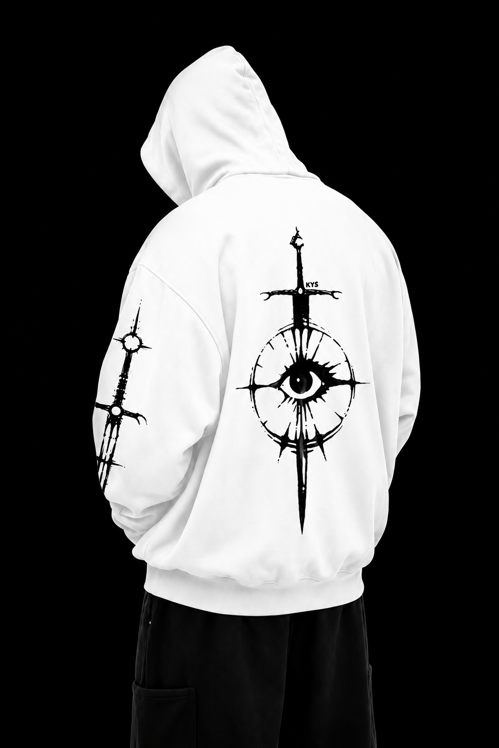 White hoodie — sword and eye back print